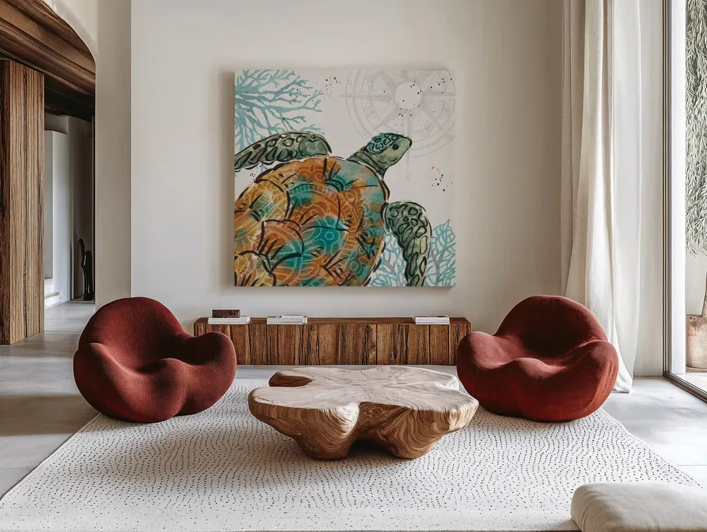Ocean Finds X by Daphne Brissonnet. Shown as extra-large giant wall art in a modern living room. Available as an archival giclee rolled canvas, fine art paper, or poster print. SKU 64734a.
