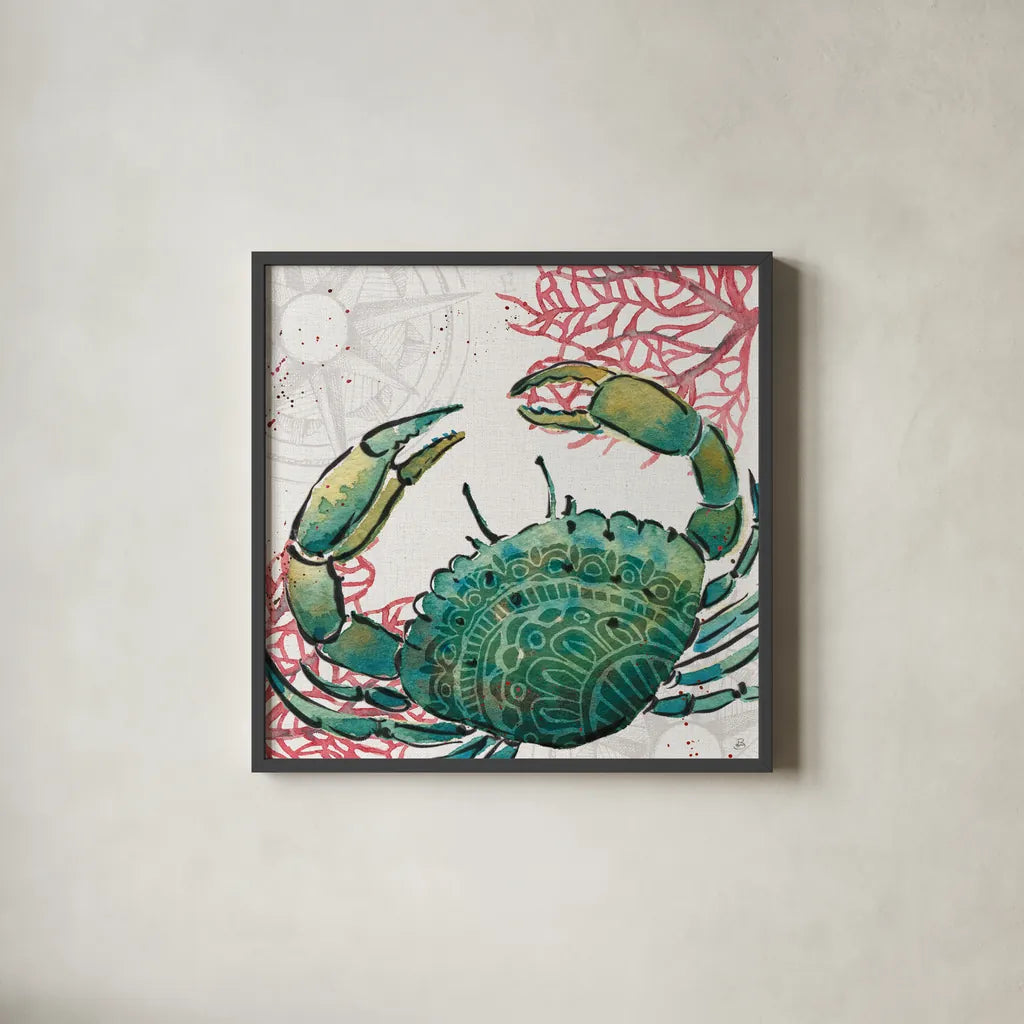 Ocean Finds XI by Daphne Brissonnet. Shown in a sleek black glass frame for a contemporary gallery look. Available as an archival giclee rolled canvas, fine art paper, or poster print. SKU 64735a.