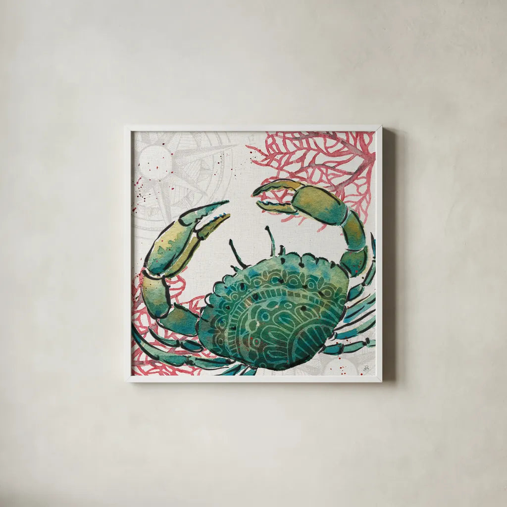 Ocean Finds XI by Daphne Brissonnet. Shown in a crisp white glass frame for a clean and minimalist style. Available as an archival giclee rolled canvas, fine art paper, or poster print. SKU 64735a.