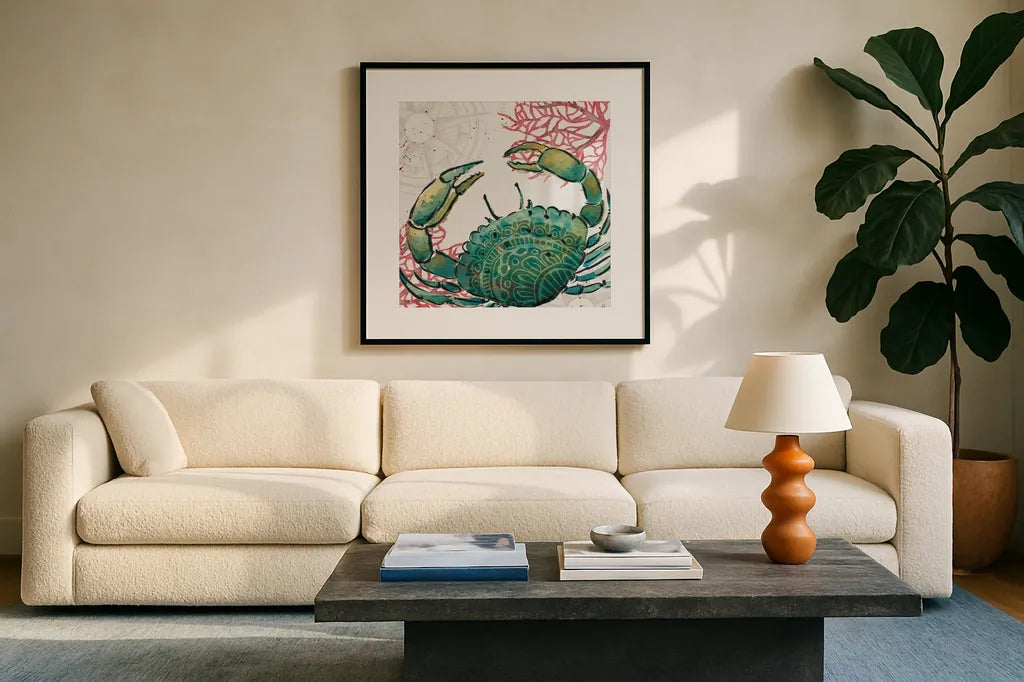 Ocean Finds XI by Daphne Brissonnet. Displayed in a glass frame with matte in a clean modern living room. Available as an archival giclee rolled canvas, fine art paper, or poster print. SKU 64735a.
