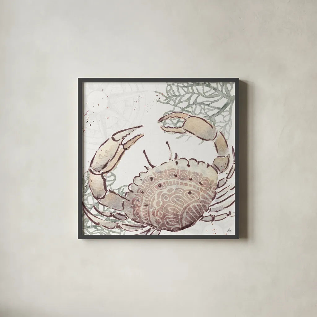 Ocean Finds XI Neutral by Daphne Brissonnet. Shown in a sleek black glass frame for a contemporary gallery look. Available as an archival giclee rolled canvas, fine art paper, or poster print. SKU 85799a.