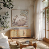 Ocean Finds XI Neutral by Daphne Brissonnet. Shown in a natural wood frame in a cozy modern living room. Available as an archival giclee rolled canvas, fine art paper, or poster print. SKU 85799a.
