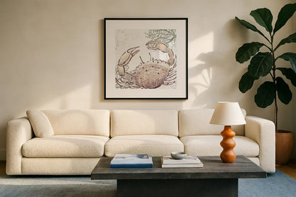 Ocean Finds XI Neutral by Daphne Brissonnet. Displayed in a glass frame with matte in a clean modern living room. Available as an archival giclee rolled canvas, fine art paper, or poster print. SKU 85799a.