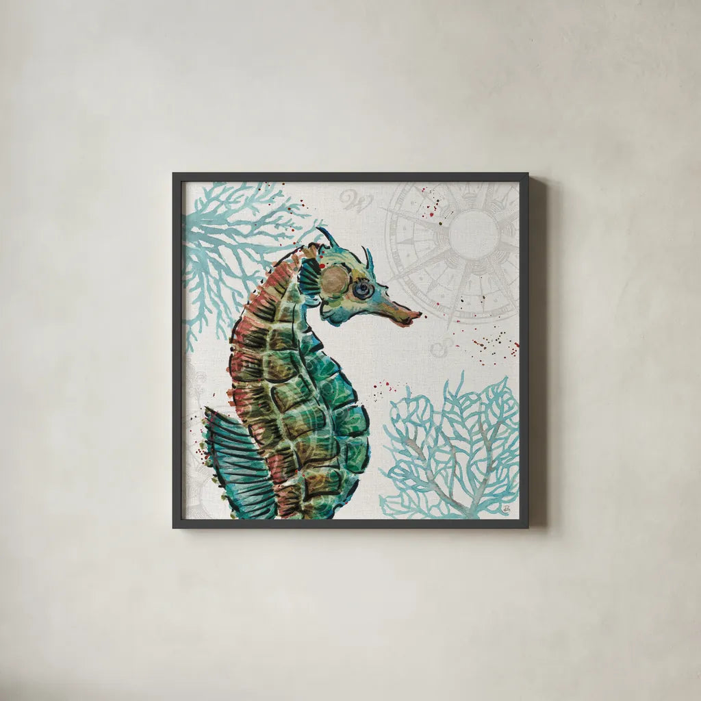 Ocean Finds XII by Daphne Brissonnet. Shown in a sleek black glass frame for a contemporary gallery look. Available as an archival giclee rolled canvas, fine art paper, or poster print. SKU 64736a.