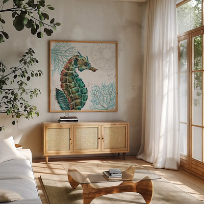 Ocean Finds XII by Daphne Brissonnet. Shown in a natural wood frame in a cozy modern living room. Available as an archival giclee rolled canvas, fine art paper, or poster print. SKU 64736a.