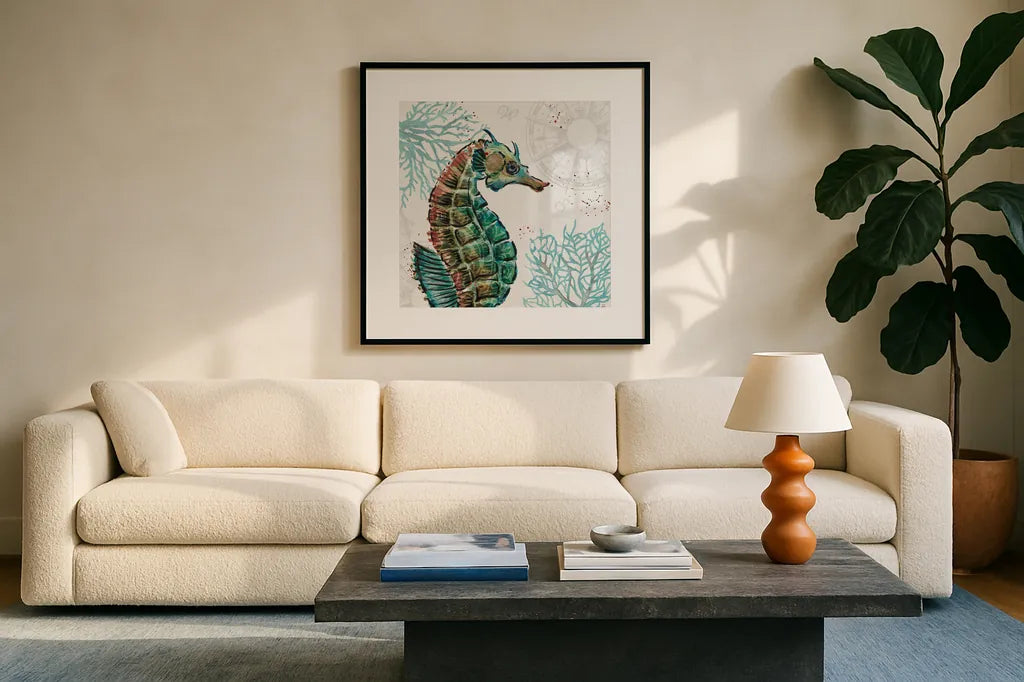 Ocean Finds XII by Daphne Brissonnet. Displayed in a glass frame with matte in a clean modern living room. Available as an archival giclee rolled canvas, fine art paper, or poster print. SKU 64736a.