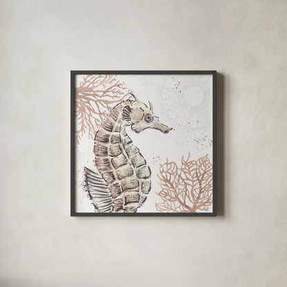 Ocean Finds XII Neutral by Daphne Brissonnet. Shown in a sleek black glass frame for a contemporary gallery look. Available as an archival giclee rolled canvas, fine art paper, or poster print. SKU 85800a.