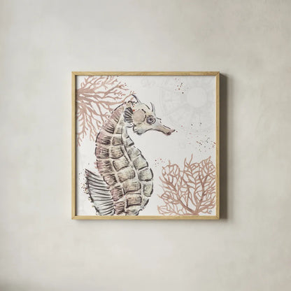 Ocean Finds XII Neutral by Daphne Brissonnet. Shown in a natural wood glass frame for a timeless modern aesthetic. Available as an archival giclee rolled canvas, fine art paper, or poster print. SKU 85800a.