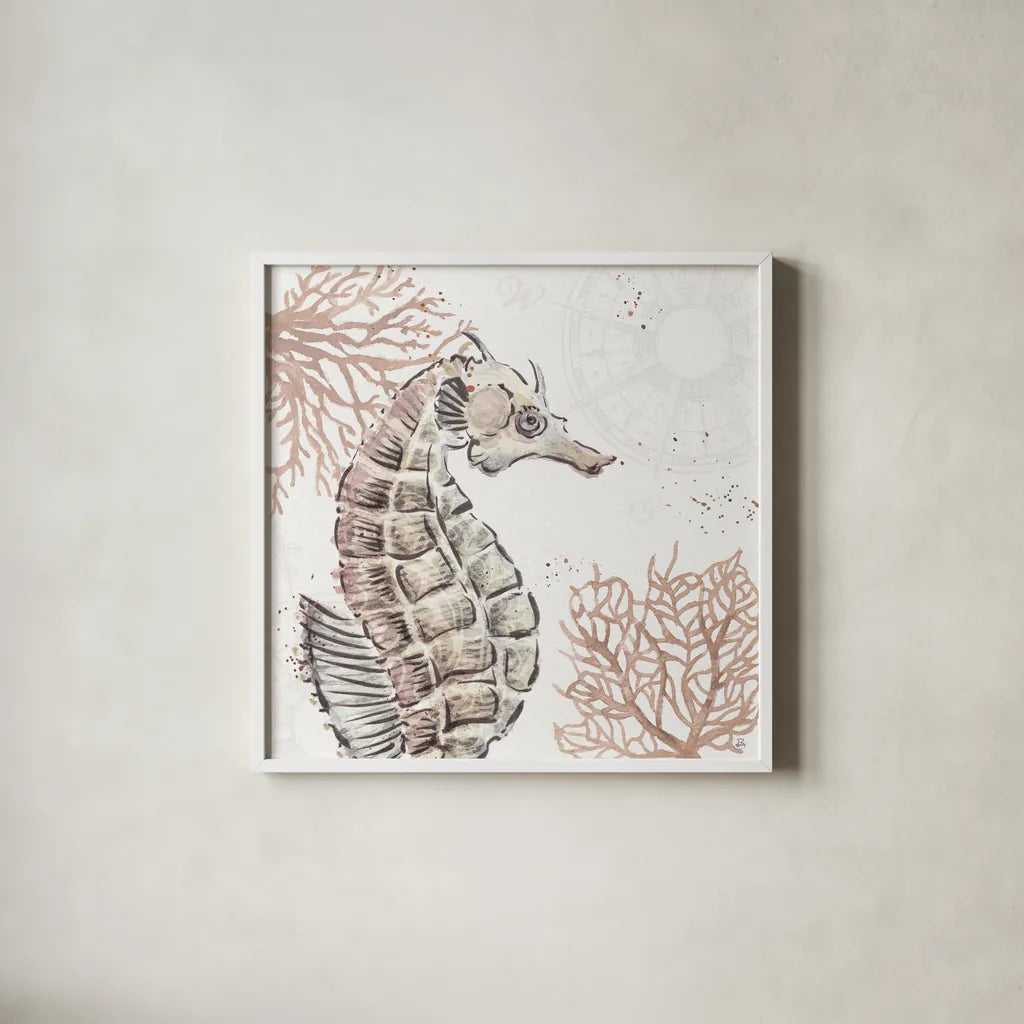 Ocean Finds XII Neutral by Daphne Brissonnet. Shown in a crisp white glass frame for a clean and minimalist style. Available as an archival giclee rolled canvas, fine art paper, or poster print. SKU 85800a.