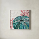 Ocean Finds XIII by Daphne Brissonnet. Shown in a crisp white glass frame for a clean and minimalist style. Available as an archival giclee rolled canvas, fine art paper, or poster print. SKU 64737a.