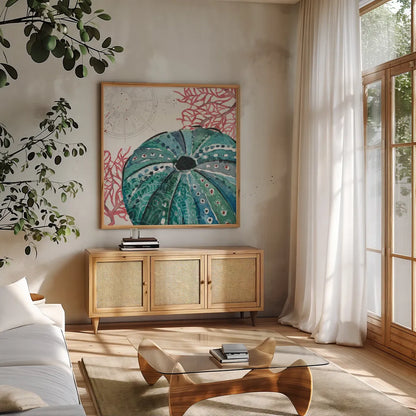 Ocean Finds XIII by Daphne Brissonnet. Shown in a natural wood frame in a cozy modern living room. Available as an archival giclee rolled canvas, fine art paper, or poster print. SKU 64737a.