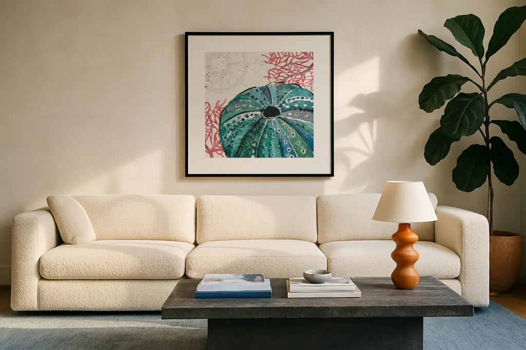 Ocean Finds XIII by Daphne Brissonnet. Displayed in a glass frame with matte in a clean modern living room. Available as an archival giclee rolled canvas, fine art paper, or poster print. SKU 64737a.