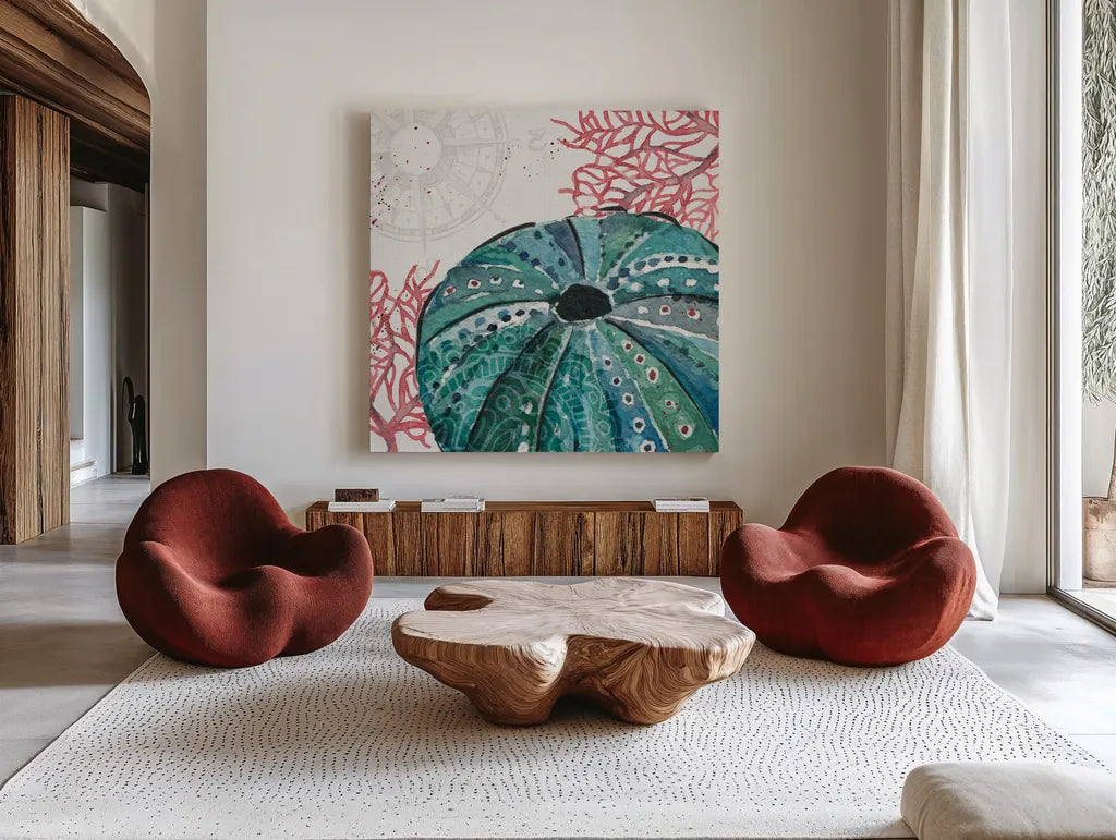 Ocean Finds XIII by Daphne Brissonnet. Shown as extra-large giant wall art in a modern living room. Available as an archival giclee rolled canvas, fine art paper, or poster print. SKU 64737a.