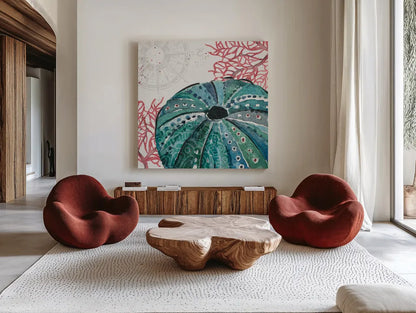 Ocean Finds XIII by Daphne Brissonnet. Shown as extra-large giant wall art in a modern living room. Available as an archival giclee rolled canvas, fine art paper, or poster print. SKU 64737a.