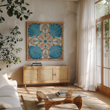 Oceanography Tile I by Daphne Brissonnet. Shown in a natural wood frame in a cozy modern living room. Available as an archival giclee rolled canvas, fine art paper, or poster print. SKU 105004a.