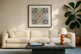 Oceanography Tile II by Daphne Brissonnet. Displayed in a glass frame with matte in a clean modern living room. Available as an archival giclee rolled canvas, fine art paper, or poster print. SKU 105005a.