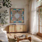 Oceanography Tile III by Daphne Brissonnet. Shown in a natural wood frame in a cozy modern living room. Available as an archival giclee rolled canvas, fine art paper, or poster print. SKU 105006a.