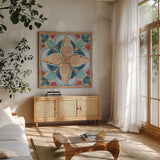 Oceanography Tile IV by Daphne Brissonnet. Shown in a natural wood frame in a cozy modern living room. Available as an archival giclee rolled canvas, fine art paper, or poster print. SKU 105007a.