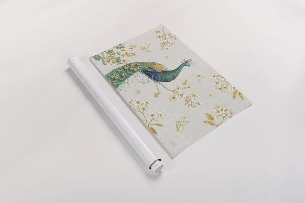 Ornate Peacock I by Daphne Brissonnet. shown as a rolled paper print. Available as archival giclee rolled canvas, fine art paper, or poster print. SKU 21844i.