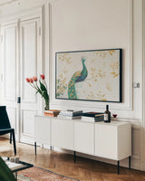 Ornate Peacock I by Daphne Brissonnet. shown as a framed stretched canvas in a living room above a console. Available as a archival giclee rolled canvas, fine art paper, or poster print. SKU 21844i.