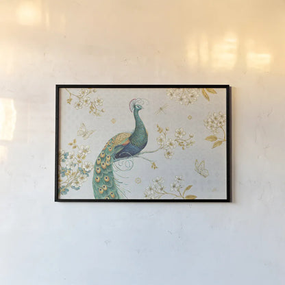 Ornate Peacock I by Daphne Brissonnet. shown as a paper print in a black flame. Available as a archival giclee rolled canvas, fine art paper, or poster print. SKU 21844i.