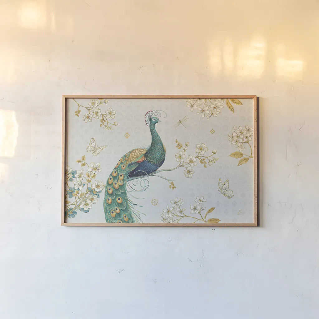 Ornate Peacock I by Daphne Brissonnet. shown as a paper print in a natural frame. Available as a archival giclee rolled canvas, fine art paper, or poster print. SKU 21844i.