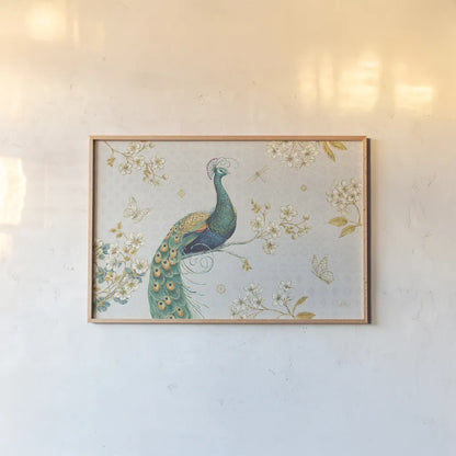 Ornate Peacock I by Daphne Brissonnet. shown as a paper print in a natural frame. Available as a archival giclee rolled canvas, fine art paper, or poster print. SKU 21844i.