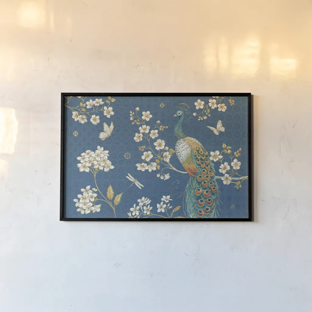 Ornate Peacock II Blue by Daphne Brissonnet. shown as a paper print in a black flame. Available as a archival giclee rolled canvas, fine art paper, or poster print. SKU 53875i.
