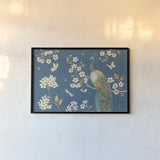 Ornate Peacock II Blue by Daphne Brissonnet. shown as a paper print in a black flame. Available as a archival giclee rolled canvas, fine art paper, or poster print. SKU 53875i.