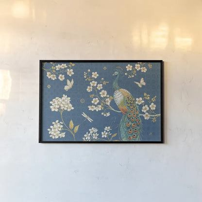 Ornate Peacock II Blue by Daphne Brissonnet. shown as a paper print in a black flame. Available as a archival giclee rolled canvas, fine art paper, or poster print. SKU 53875i.