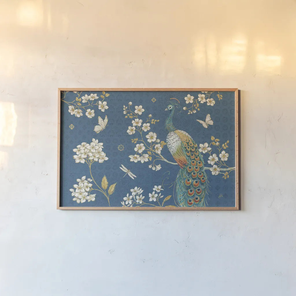 Ornate Peacock II Blue by Daphne Brissonnet. shown as a paper print in a natural frame. Available as a archival giclee rolled canvas, fine art paper, or poster print. SKU 53875i.