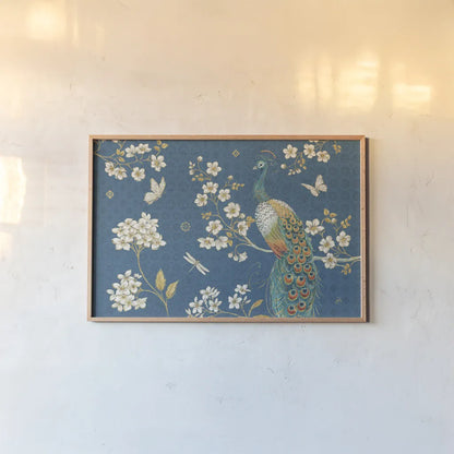 Ornate Peacock II Blue by Daphne Brissonnet. shown as a paper print in a natural frame. Available as a archival giclee rolled canvas, fine art paper, or poster print. SKU 53875i.