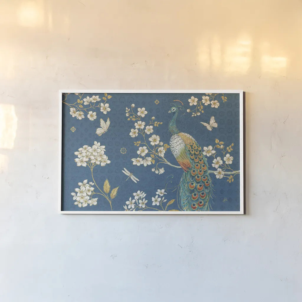 Ornate Peacock II Blue by Daphne Brissonnet. shown as a paper print in a white frame. Available as a archival giclee rolled canvas, fine art paper, or poster print. SKU 53875i.
