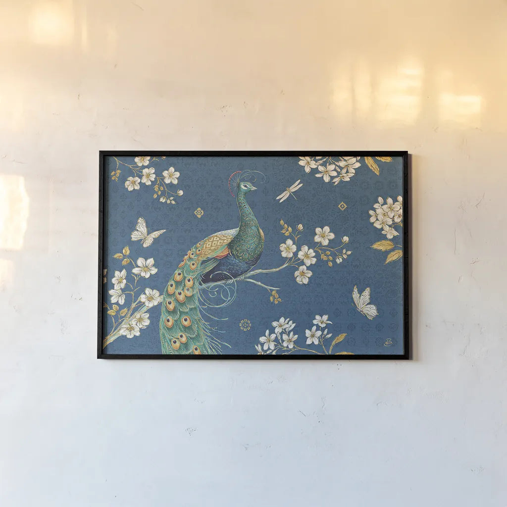 Ornate Peacock III by Daphne Brissonnet. shown as a paper print in a black flame. Available as a archival giclee rolled canvas, fine art paper, or poster print. SKU 21846i.