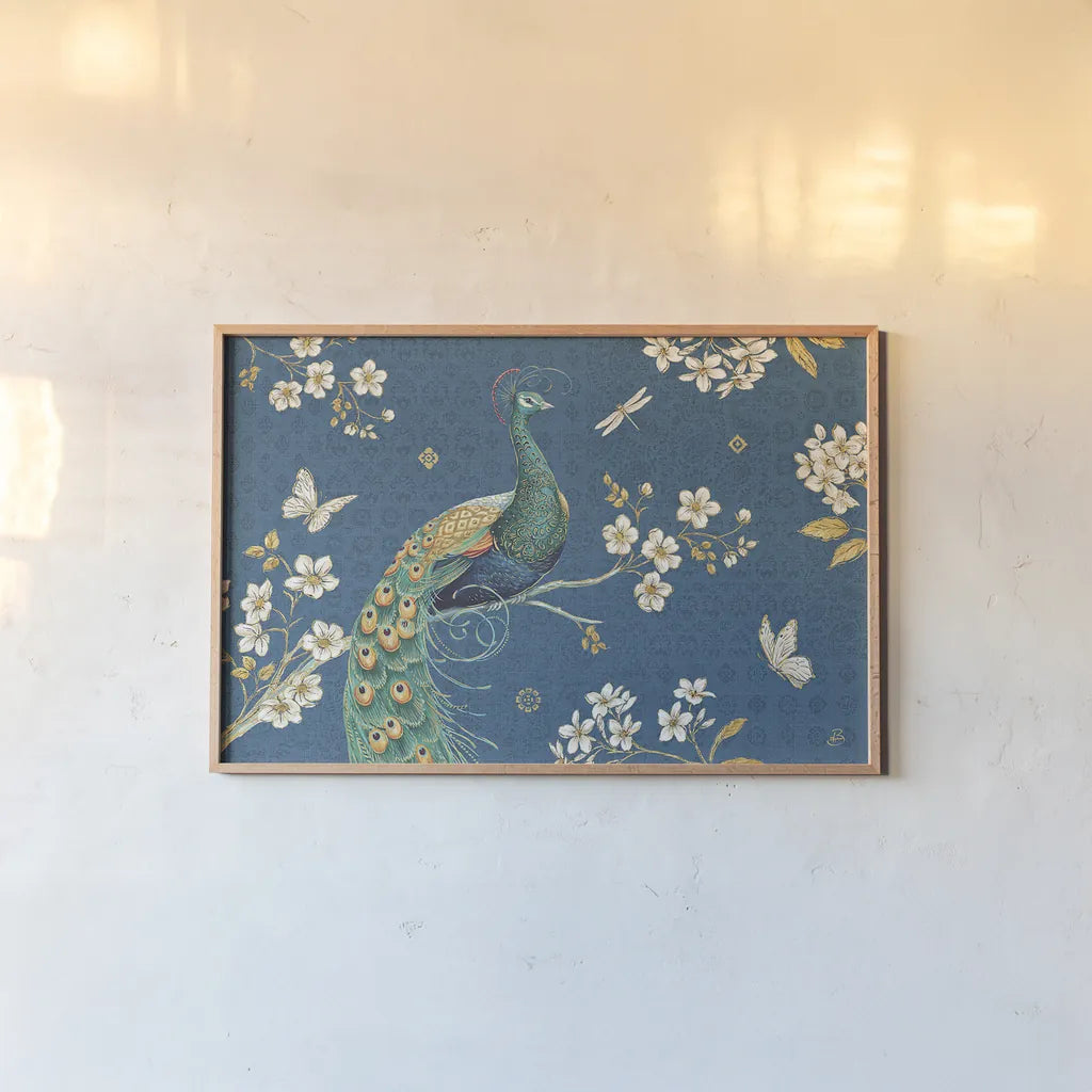 Ornate Peacock III by Daphne Brissonnet. shown as a paper print in a natural frame. Available as a archival giclee rolled canvas, fine art paper, or poster print. SKU 21846i.