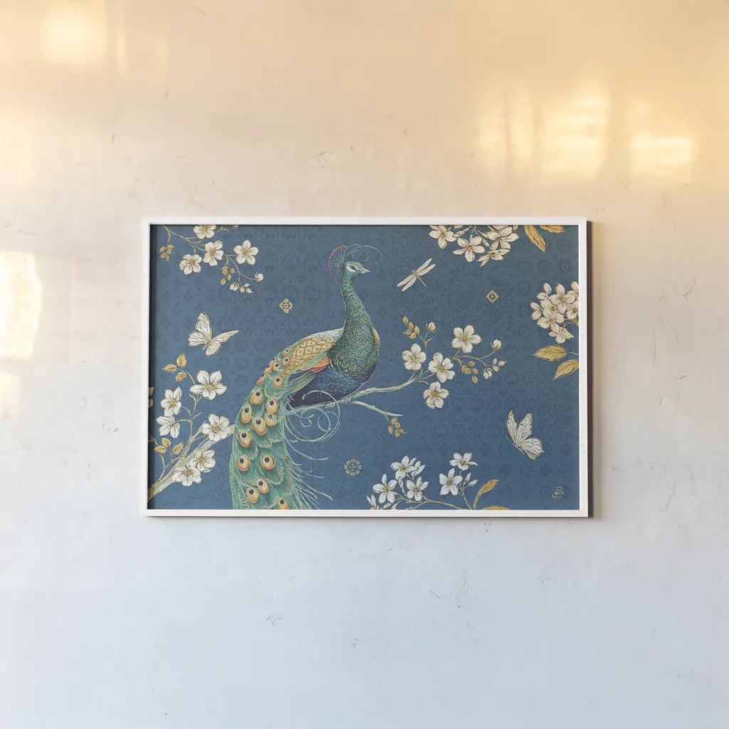 Ornate Peacock III by Daphne Brissonnet. shown as a paper print in a white frame. Available as a archival giclee rolled canvas, fine art paper, or poster print. SKU 21846i.