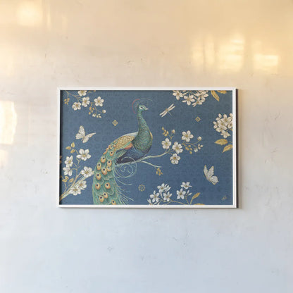 Ornate Peacock III by Daphne Brissonnet. shown as a paper print in a white frame. Available as a archival giclee rolled canvas, fine art paper, or poster print. SKU 21846i.