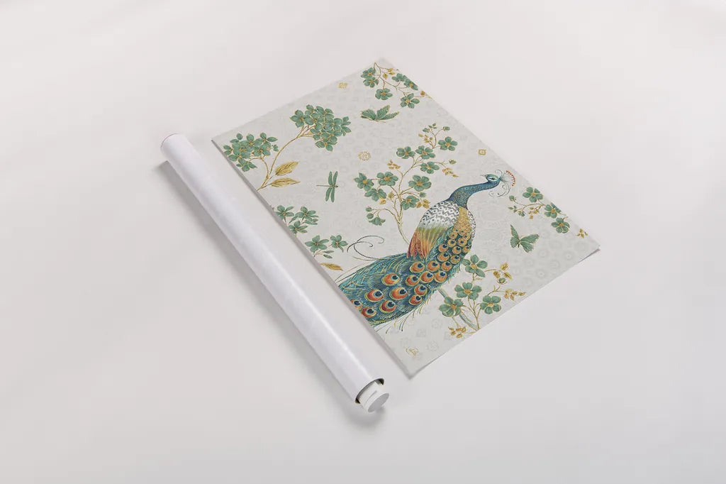 Ornate Peacock IV by Daphne Brissonnet. shown as a rolled paper print. Available as archival giclee rolled canvas, fine art paper, or poster print. SKU 21845i.