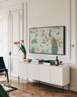 Ornate Peacock IV by Daphne Brissonnet. shown as a framed stretched canvas in a living room above a console. Available as a archival giclee rolled canvas, fine art paper, or poster print. SKU 21845i.