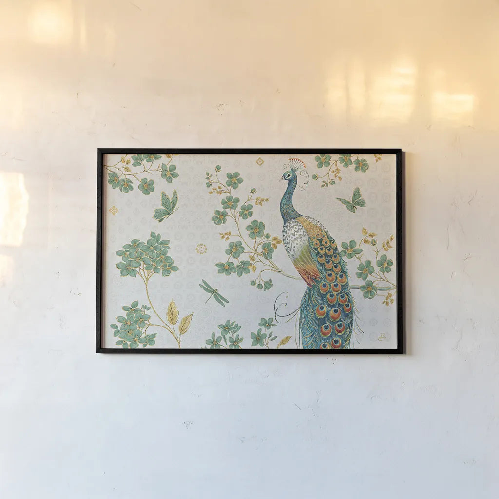 Ornate Peacock IV by Daphne Brissonnet. shown as a paper print in a black flame. Available as a archival giclee rolled canvas, fine art paper, or poster print. SKU 21845i.