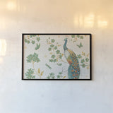 Ornate Peacock IV by Daphne Brissonnet. shown as a paper print in a black flame. Available as a archival giclee rolled canvas, fine art paper, or poster print. SKU 21845i.