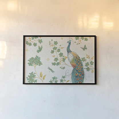 Ornate Peacock IV by Daphne Brissonnet. shown as a paper print in a black flame. Available as a archival giclee rolled canvas, fine art paper, or poster print. SKU 21845i.