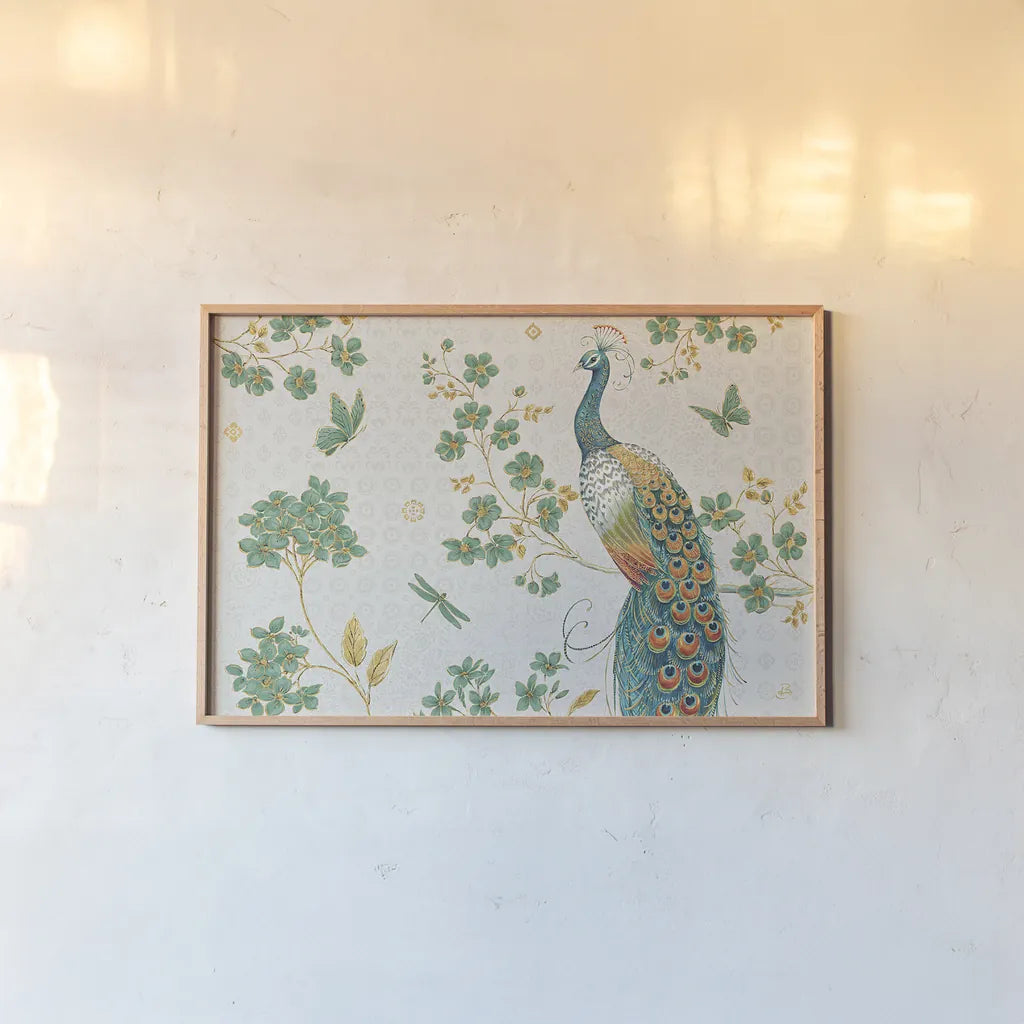 Ornate Peacock IV by Daphne Brissonnet. shown as a paper print in a natural frame. Available as a archival giclee rolled canvas, fine art paper, or poster print. SKU 21845i.