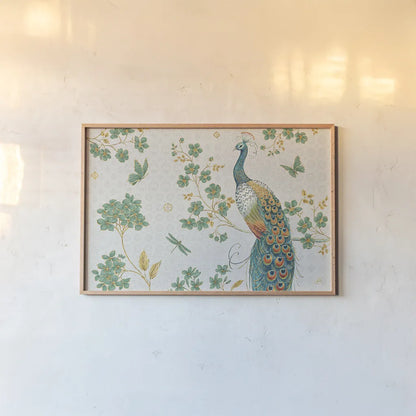 Ornate Peacock IV by Daphne Brissonnet. shown as a paper print in a natural frame. Available as a archival giclee rolled canvas, fine art paper, or poster print. SKU 21845i.