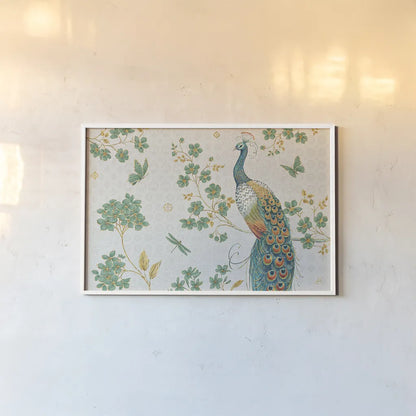 Ornate Peacock IV by Daphne Brissonnet. shown as a paper print in a white frame. Available as a archival giclee rolled canvas, fine art paper, or poster print. SKU 21845i.