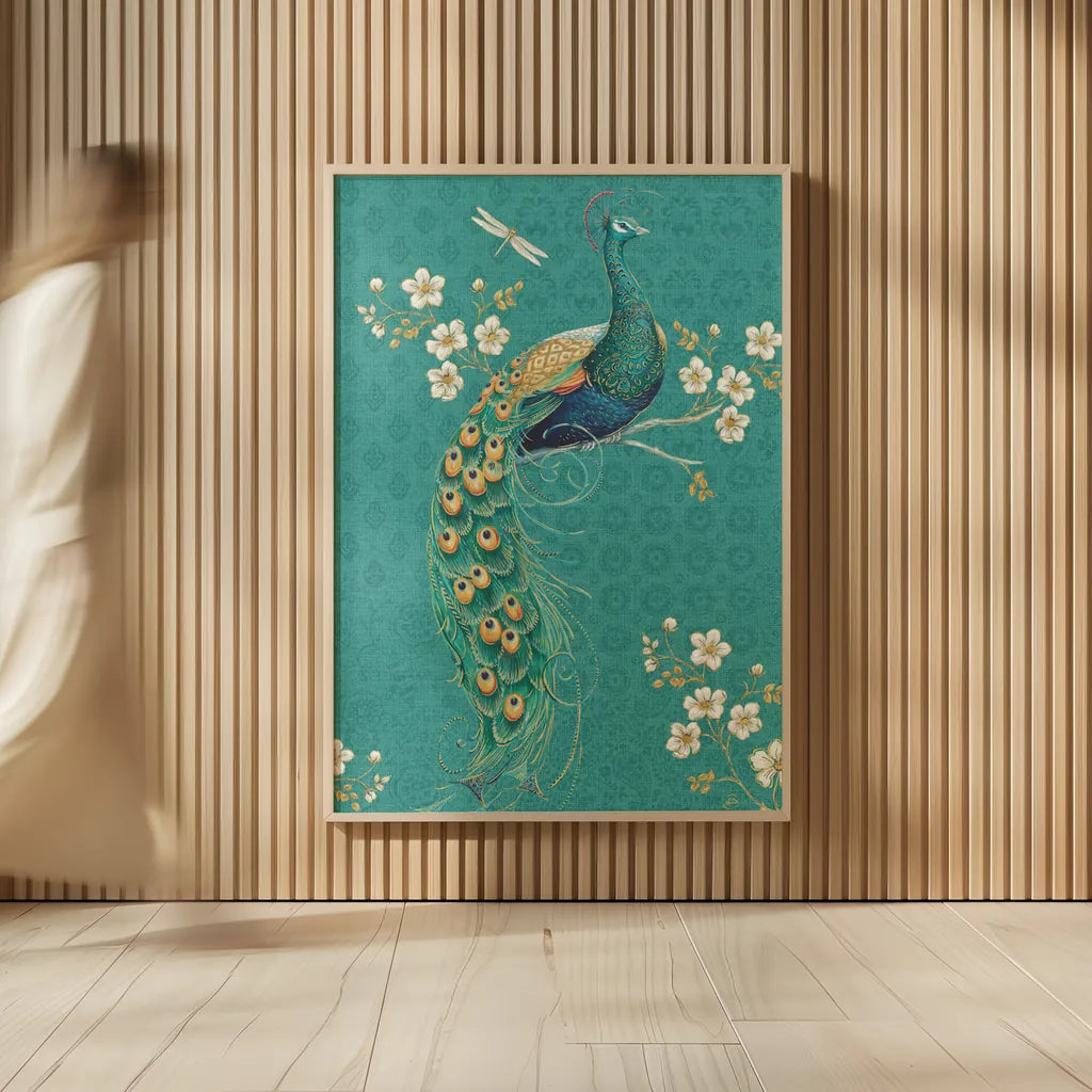 Ornate Peacock IXD by Daphne Brissonnet. shown as over sized large wall art. Available as an archival giclee rolled canvas, fine art paper, or poster print. SKU 21850h.