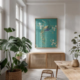Ornate Peacock IXD by Daphne Brissonnet. shown as a print in a natural wood frame in a dining room. Available as a archival giclee rolled canvas, fine art paper, or poster print. SKU 21850h.