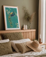 Ornate Peacock IXD by Daphne Brissonnet. shown as a paper print in a natural frame. Available as a archival giclee rolled canvas, fine art paper, or poster print. SKU 21850h.