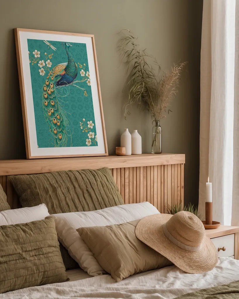 Ornate Peacock IXD by Daphne Brissonnet. shown as a paper print in a natural frame. Available as a archival giclee rolled canvas, fine art paper, or poster print. SKU 21850h.