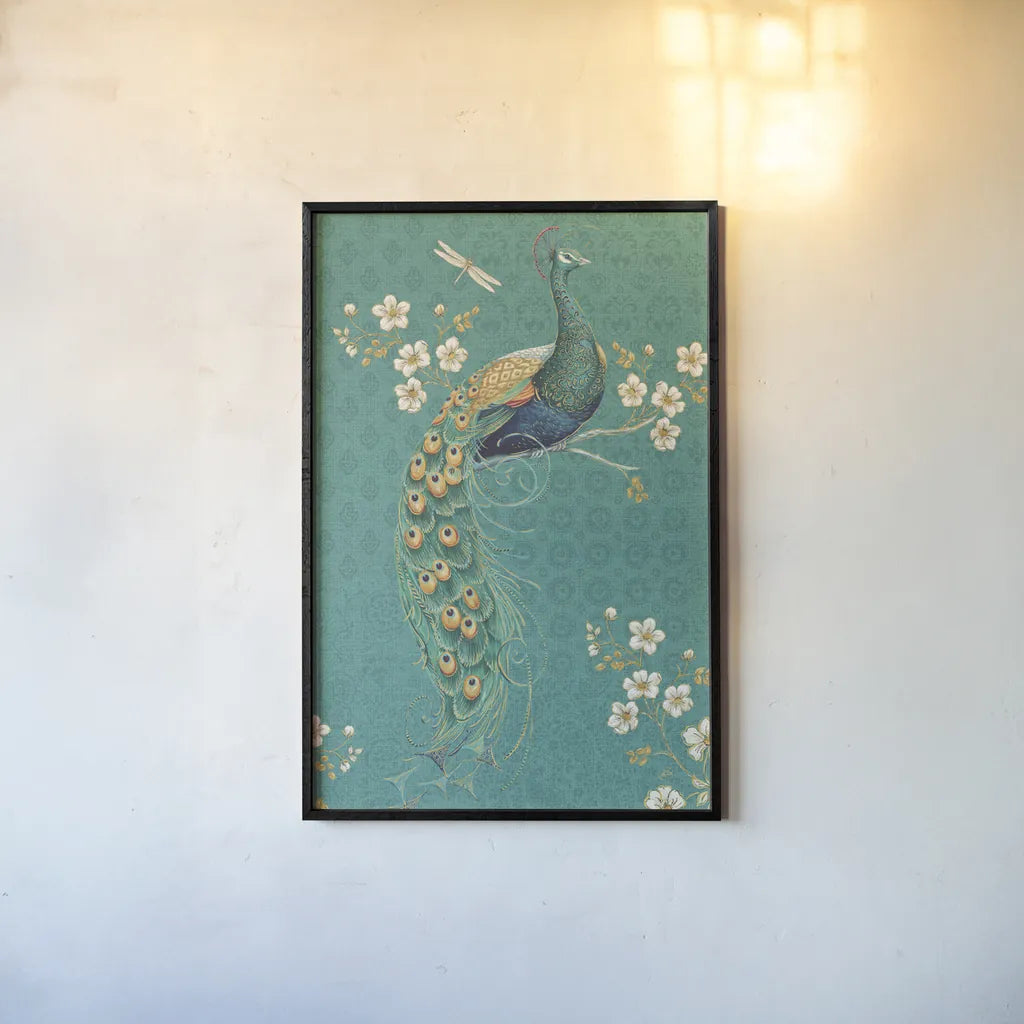 Ornate Peacock IXD by Daphne Brissonnet. shown as a paper print in a black flame. Available as a archival giclee rolled canvas, fine art paper, or poster print. SKU 21850h.